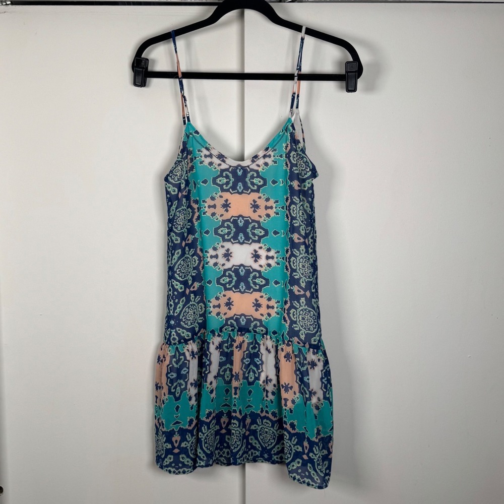 Gray Saks Fifth Avenue Teal Paisley Print Ruffle Drop Waist Mini‎ Dress XS SS